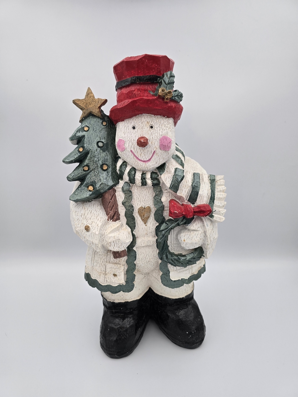 Festive Snowman Figurine with Red Hat and Green Tree - Unbranded
